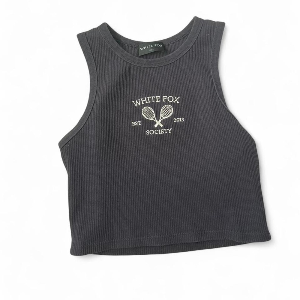 BLACK RIBBED WHITE FOX EMBROIDERED TANK TOP